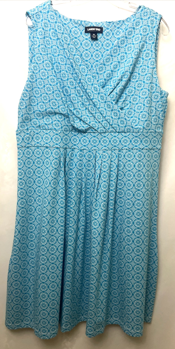 Lands'end Wrap Dress Blue White Geometric Women’s Size 1X Babydoll Sleeveless